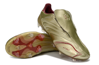 Men's Adidas F50 Elite Laceless FG Firm Ground Low-Tops Football Boots - Gold/Crimson Red/Metallic Finish