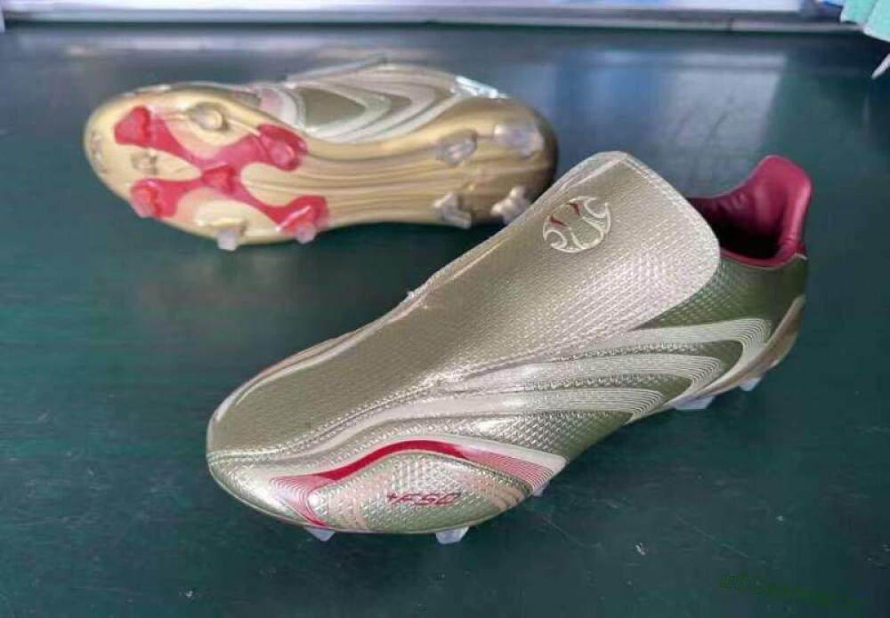 Men's Adidas F50 Elite Laceless FG Firm Ground Low-Tops Football Boots - Gold/Crimson Red/Metallic Finish
