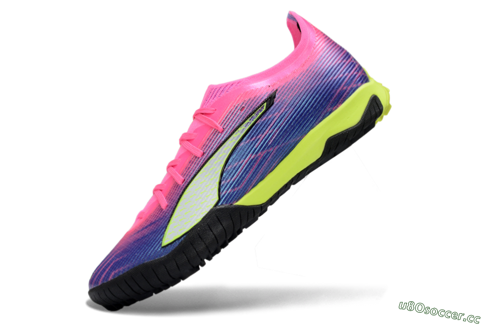 Men's Puma Ultra Ultimate TF Artificial Turf Low-Tops Football Shoes - Pink/Neon Green/Deep Purple 5