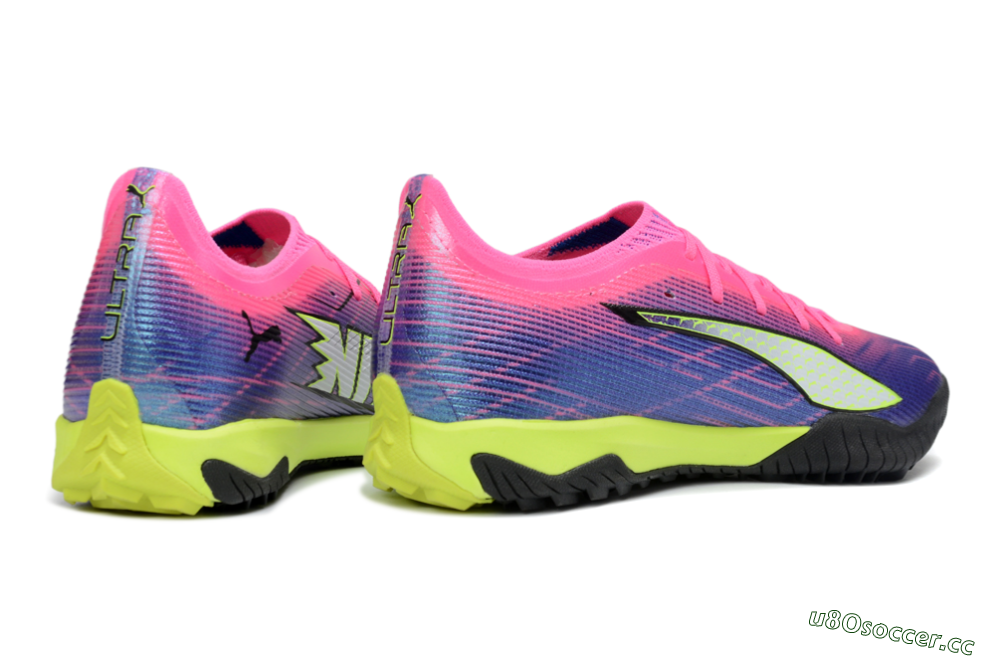 Men's Puma Ultra Ultimate TF Artificial Turf Low-Tops Football Shoes - Pink/Neon Green/Deep Purple 6
