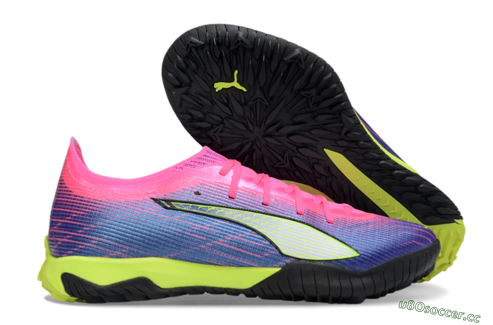 Men's Puma Ultra Ultimate TF Artificial Turf Low-Tops Football Shoes - Pink/Neon Green/Deep Purple 2