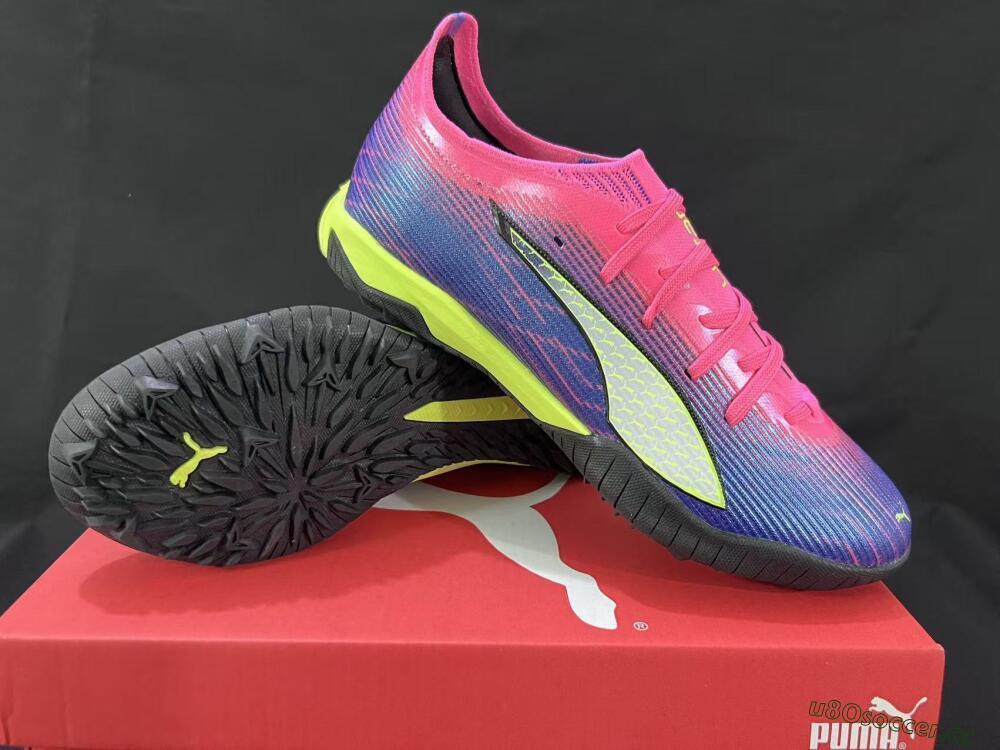 Men's Puma Ultra Ultimate TF Artificial Turf Low-Tops Football Shoes - Pink/Neon Green/Deep Purple