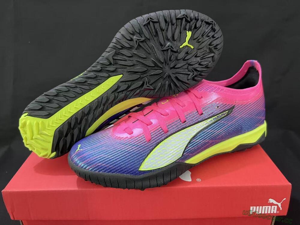 Men's Puma Ultra Ultimate TF Artificial Turf Low-Tops Football Shoes - Pink/Neon Green/Deep Purple