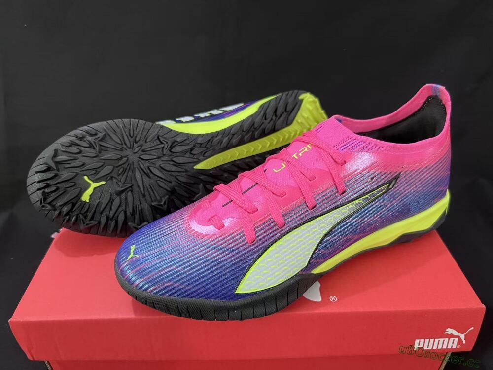 Men's Puma Ultra Ultimate TF Artificial Turf Low-Tops Football Shoes - Pink/Neon Green/Deep Purple