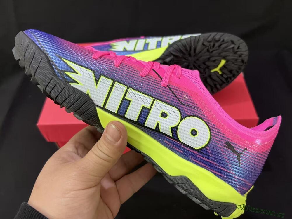 Men's Puma Ultra Ultimate TF Artificial Turf Low-Tops Football Shoes - Pink/Neon Green/Deep Purple