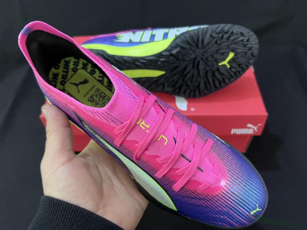 Men's Puma Ultra Ultimate TF Artificial Turf Low-Tops Football Shoes - Pink/Neon Green/Deep Purple