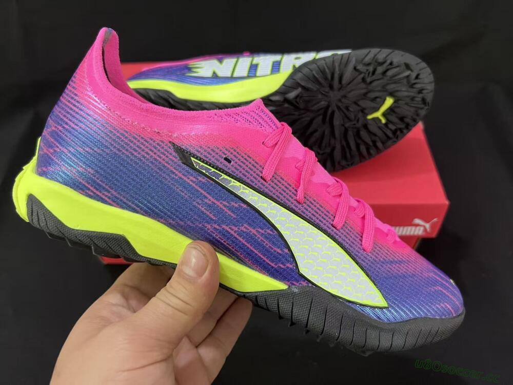 Men's Puma Ultra Ultimate TF Artificial Turf Low-Tops Football Shoes - Pink/Neon Green/Deep Purple