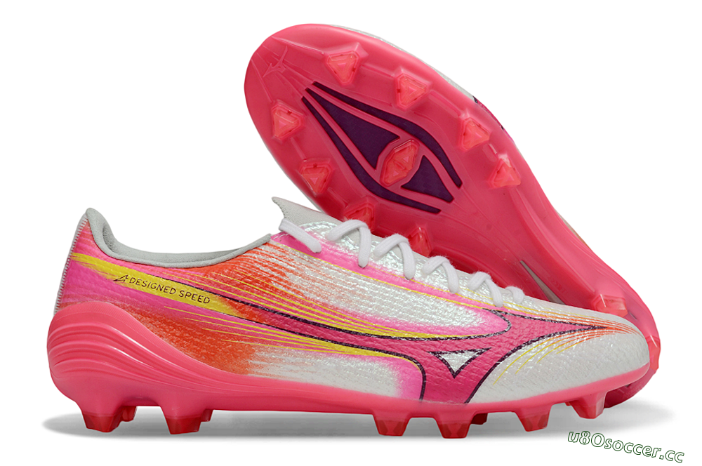 Men's Mizuno Alpha 3 Elite FG Firm Ground Low-Tops Football Boots - White/Neon Pink/Sunrise Yellow 2