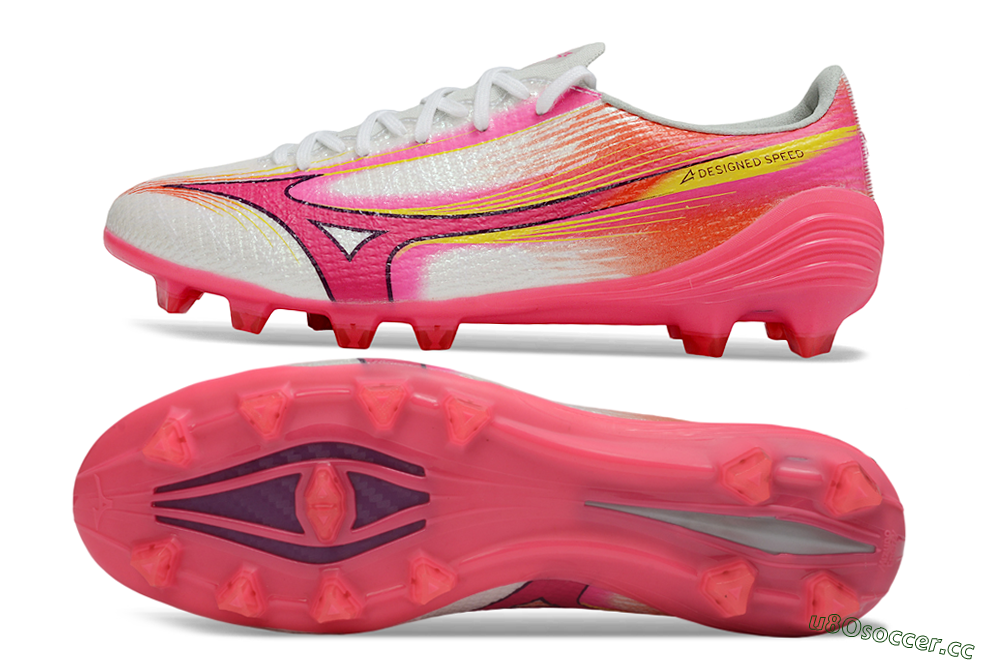 Men's Mizuno Alpha 3 Elite FG Firm Ground Low-Tops Football Boots - White/Neon Pink/Sunrise Yellow 1