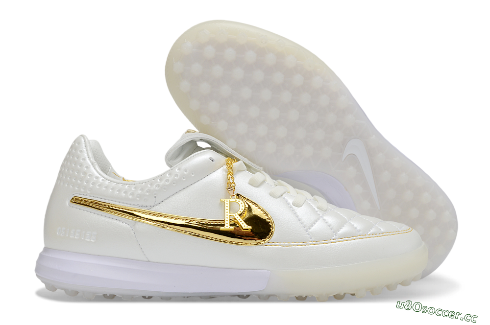 Men's Nike Tiempo Legend SE TF Artificial Turf Low-Tops Football Shoes - White/Golden Accent/Classic Style 2