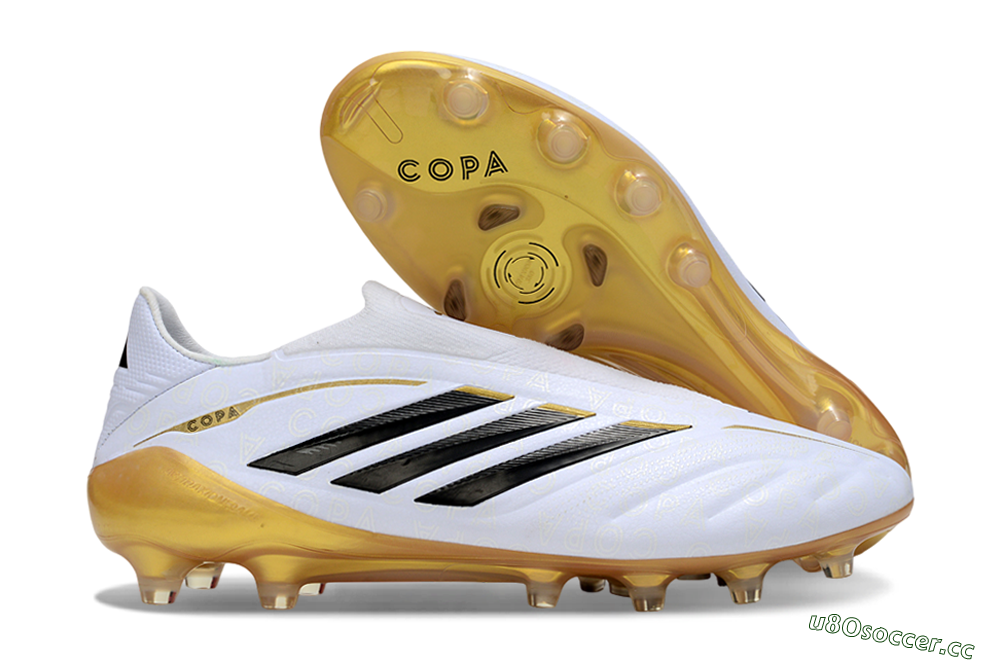 Men's Adidas Copa Pure 4 Elite Laceless FG Firm Ground Low-Tops Football Boots - White/Black/Gold 2