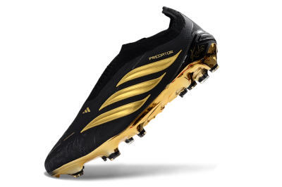 Men's Adidas Predator 26 Elite Laceless FG Firm Ground Low-Tops Football Boots - Black/Gold Accent/Black Base