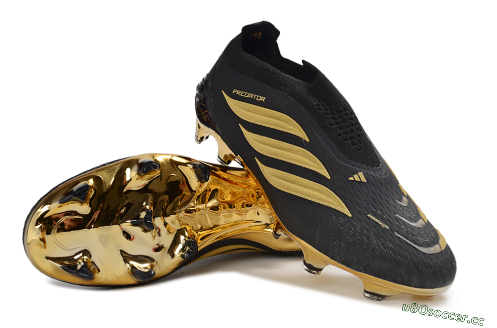 Men's Adidas Predator 26 Elite Laceless FG Firm Ground Low-Tops Football Boots - Black/Gold Accent/Black Base 3