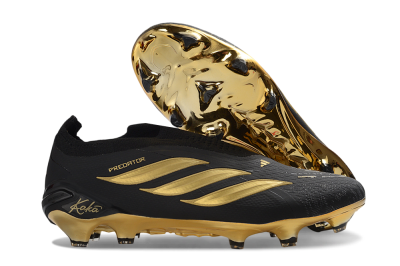 Men's Adidas Predator 26 Elite Laceless FG Firm Ground Low-Tops Football Boots - Black/Gold Accent/Black Base