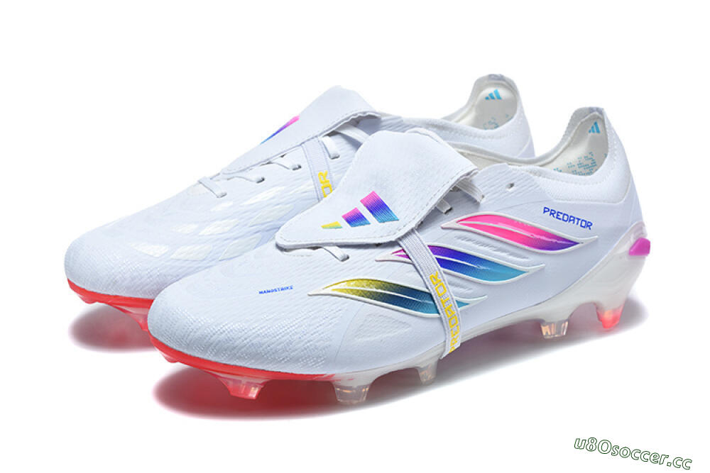 Men's Adidas Predator 26 Elite Fold-Over Tongue FG Firm Ground Low-Tops Football Boots - White/Sunset Pink/Cool Blue 5