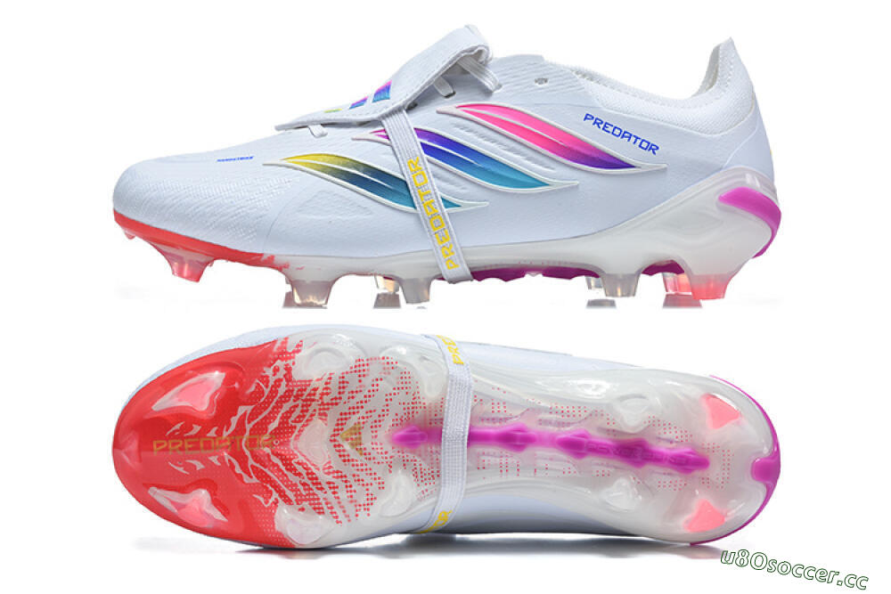 Men's Adidas Predator 26 Elite Fold-Over Tongue FG Firm Ground Low-Tops Football Boots - White/Sunset Pink/Cool Blue 1