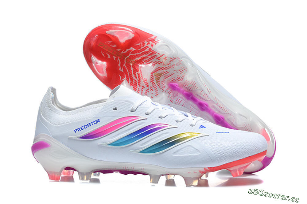 Men's Adidas Predator 26 Elite FG Firm Ground Low-Tops Football Boots - White/Vibrant Pink/Metallic Blue 2