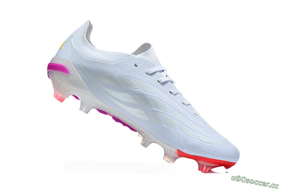 Men's Adidas Predator 26 Elite FG Firm Ground Low-Tops Football Boots - White/Vibrant Pink/Metallic Blue 7