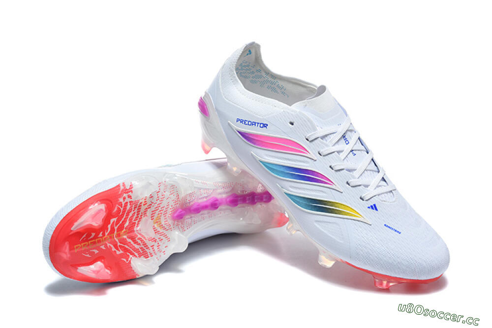 Men's Adidas Predator 26 Elite FG Firm Ground Low-Tops Football Boots - White/Vibrant Pink/Metallic Blue 4