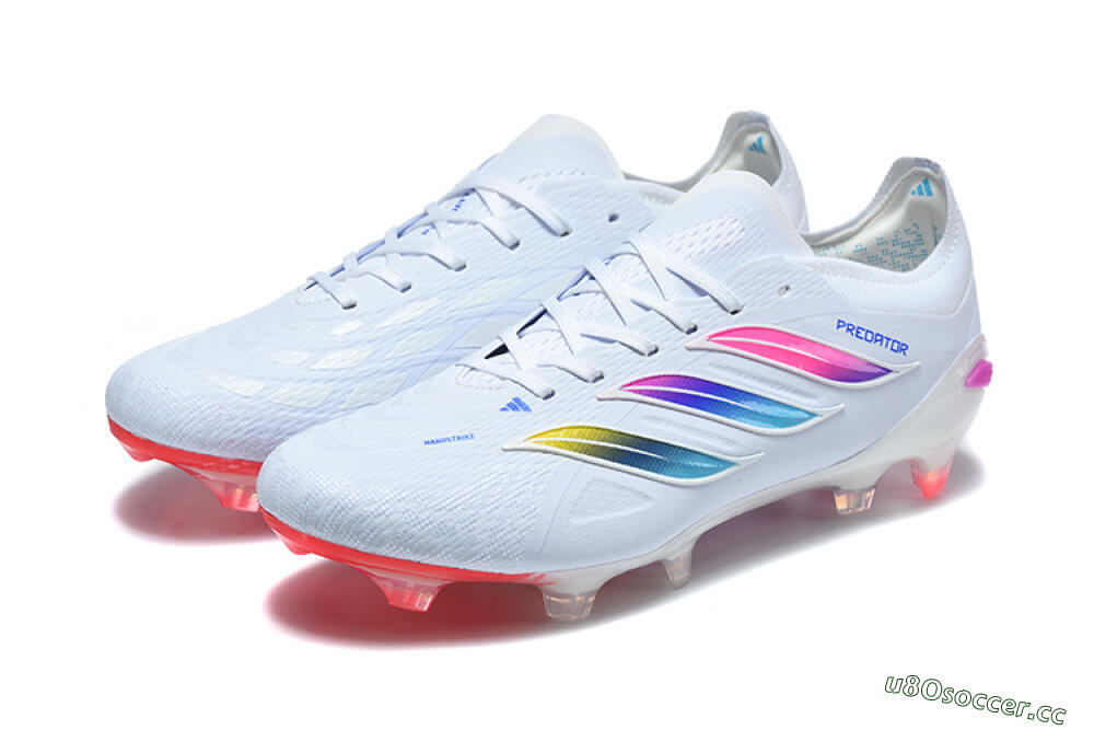 Men's Adidas Predator 26 Elite FG Firm Ground Low-Tops Football Boots - White/Vibrant Pink/Metallic Blue 5