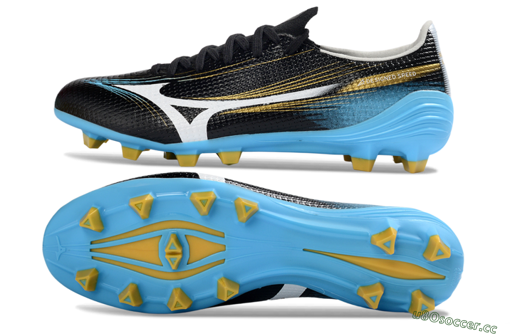 Men's Mizuno Alpha 3 FG Firm Ground Low-Tops Football Boots - Black/Sky Blue/Golden Yellow 1