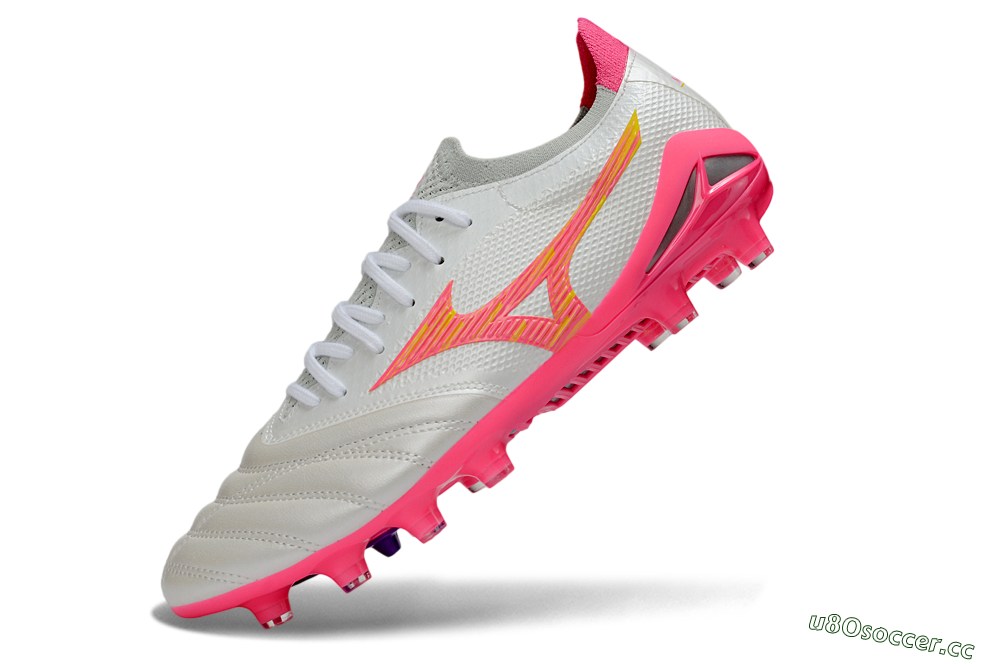 Men's Mizuno Morelia Neo 4 Bate FG Firm Ground Low-Tops Football Boots - White/Neon Pink/Metallic Silver 5