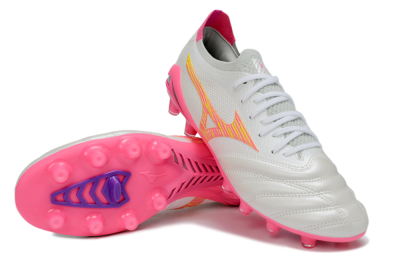 Men's Mizuno Morelia Neo 4 Bate FG Firm Ground Low-Tops Football Boots - White/Neon Pink/Metallic Silver