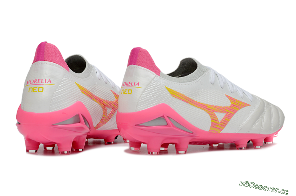 Men's Mizuno Morelia Neo 4 Bate FG Firm Ground Low-Tops Football Boots - White/Neon Pink/Metallic Silver 6