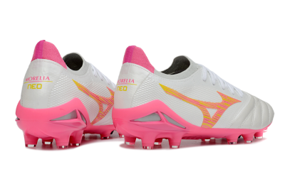 Men's Mizuno Morelia Neo 4 Bate FG Firm Ground Low-Tops Football Boots - White/Neon Pink/Metallic Silver