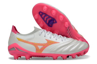 Men's Mizuno Morelia Neo 4 Bate FG Firm Ground Low-Tops Football Boots - White/Neon Pink/Metallic Silver