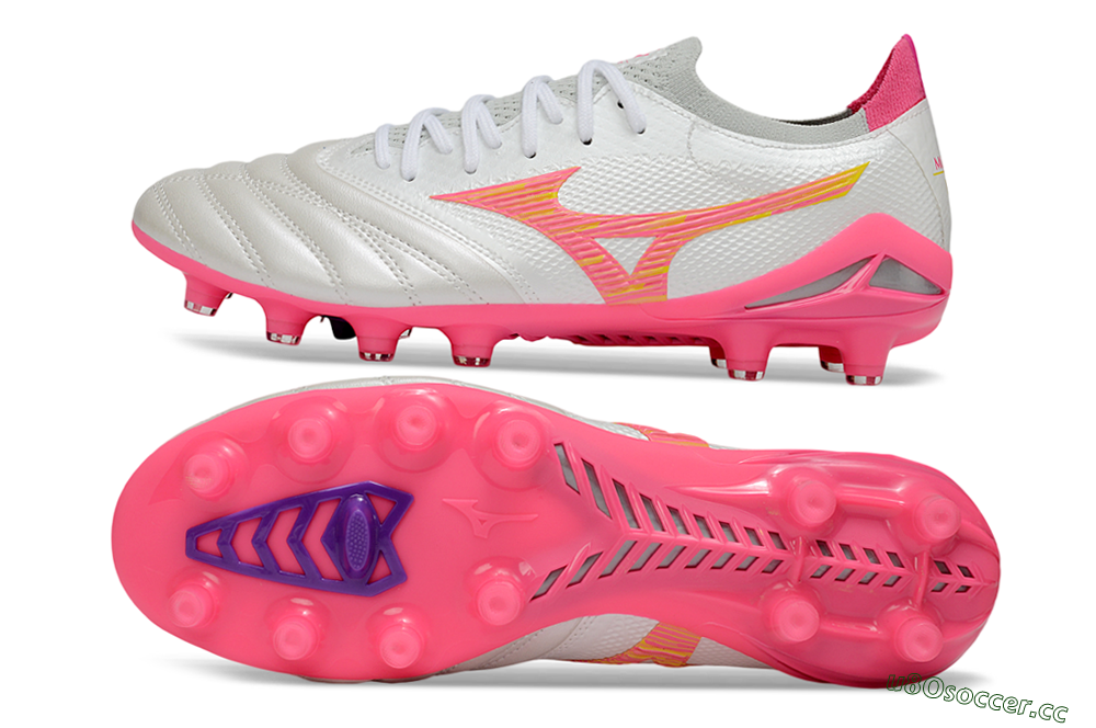 Men's Mizuno Morelia Neo 4 Bate FG Firm Ground Low-Tops Football Boots - White/Neon Pink/Metallic Silver 1