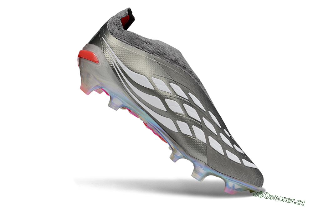 Unisex Adidas Predator 26 Elite Laceless FG Firm Ground Low-Tops Football Boots - Gray/Electric Red/Shimmer White 4