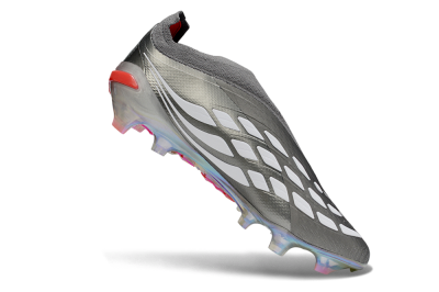 Unisex Adidas Predator 26 Elite Laceless FG Firm Ground Low-Tops Football Boots - Gray/Electric Red/Shimmer White