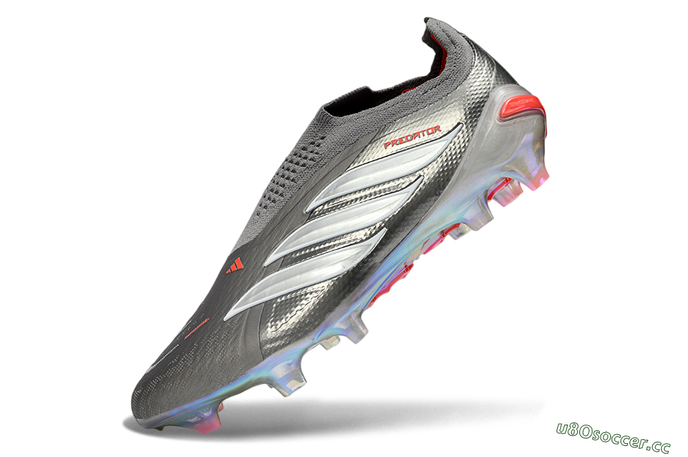 Unisex Adidas Predator 26 Elite Laceless FG Firm Ground Low-Tops Football Boots - Gray/Electric Red/Shimmer White 5