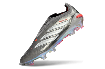 Unisex Adidas Predator 26 Elite Laceless FG Firm Ground Low-Tops Football Boots - Gray/Electric Red/Shimmer White