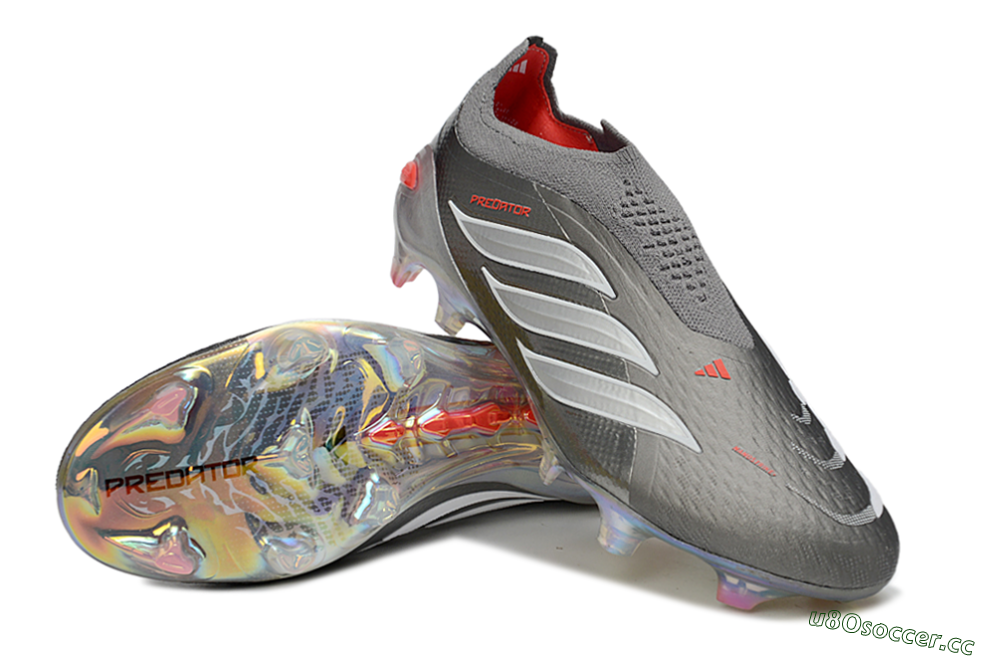 Unisex Adidas Predator 26 Elite Laceless FG Firm Ground Low-Tops Football Boots - Gray/Electric Red/Shimmer White 3