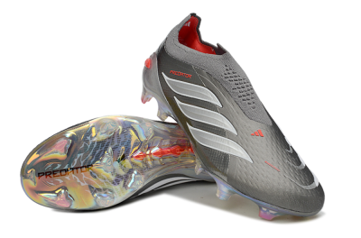 Unisex Adidas Predator 26 Elite Laceless FG Firm Ground Low-Tops Football Boots - Gray/Electric Red/Shimmer White