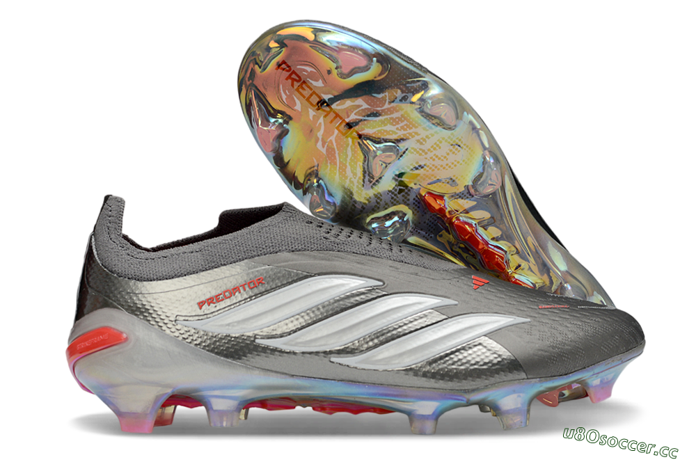 Unisex Adidas Predator 26 Elite Laceless FG Firm Ground Low-Tops Football Boots - Gray/Electric Red/Shimmer White 2