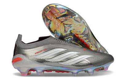 Unisex Adidas Predator 26 Elite Laceless FG Firm Ground Low-Tops Football Boots - Gray/Electric Red/Shimmer White
