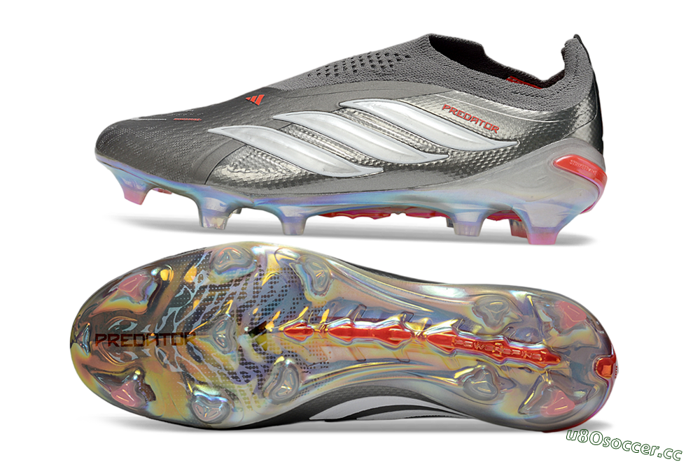 Unisex Adidas Predator 26 Elite Laceless FG Firm Ground Low-Tops Football Boots - Gray/Electric Red/Shimmer White 1