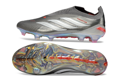 Unisex Adidas Predator 26 Elite Laceless FG Firm Ground Low-Tops Football Boots - Gray/Electric Red/Shimmer White