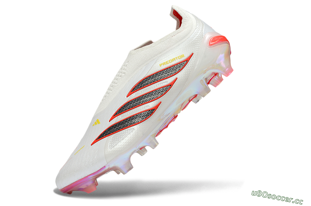 Unisex Adidas Predator 26 Elite Laceless FG Firm Ground Low-Tops Football Boots - White/Fiery Red/Metallic Black 5