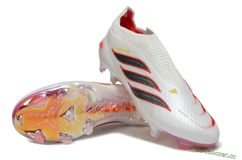 Unisex Adidas Predator 26 Elite Laceless FG Firm Ground Low-Tops Football Boots - White/Fiery Red/Metallic Black 3