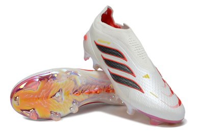 Unisex Adidas Predator 26 Elite Laceless FG Firm Ground Low-Tops Football Boots - White/Fiery Red/Metallic Black