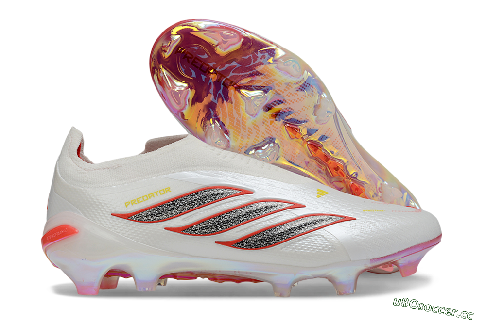Unisex Adidas Predator 26 Elite Laceless FG Firm Ground Low-Tops Football Boots - White/Fiery Red/Metallic Black 2