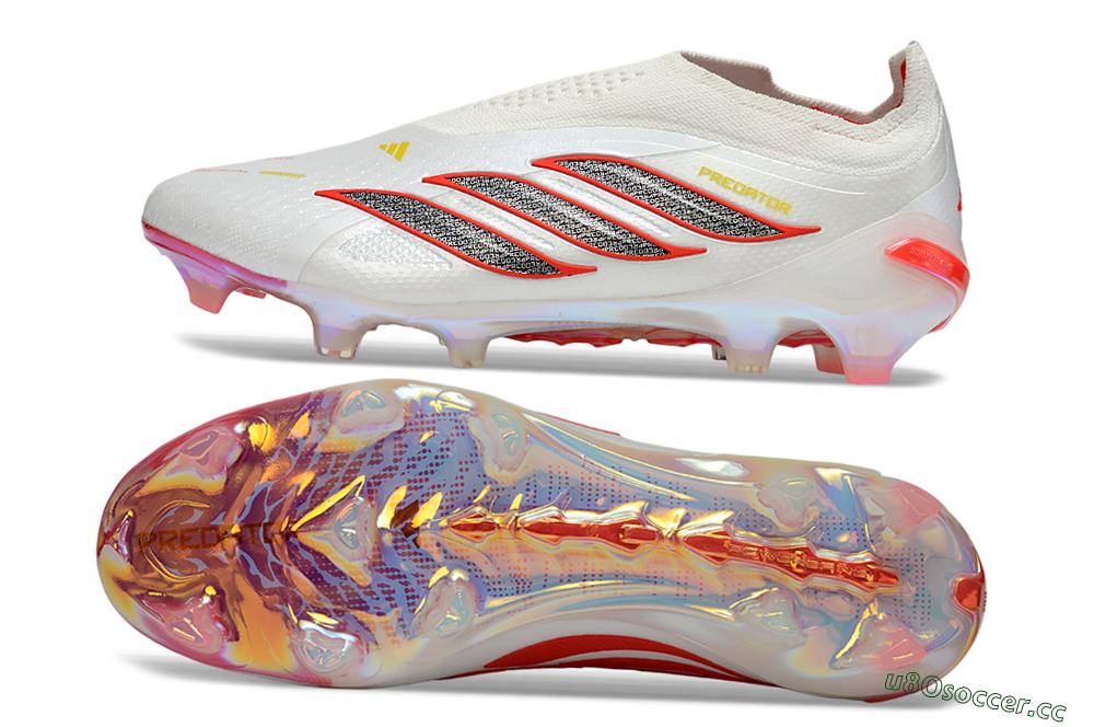 Unisex Adidas Predator 26 Elite Laceless FG Firm Ground Low-Tops Football Boots - White/Fiery Red/Metallic Black 1