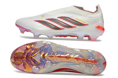 Unisex Adidas Predator 26 Elite Laceless FG Firm Ground Low-Tops Football Boots - White/Fiery Red/Metallic Black