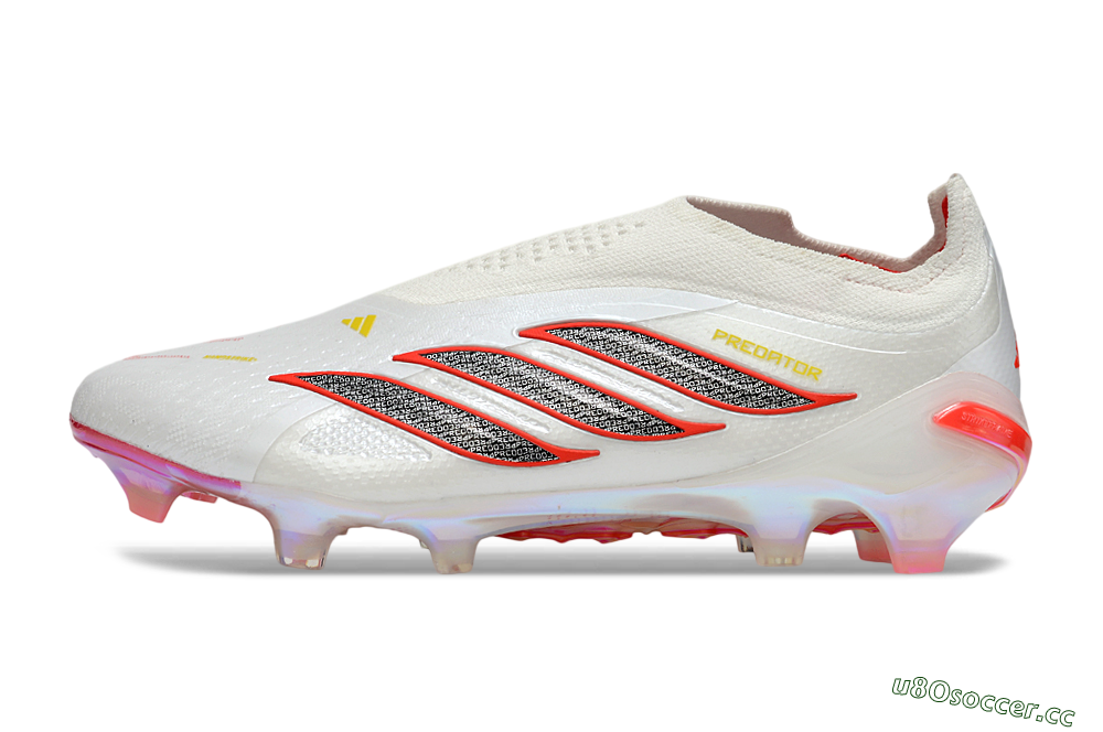 Unisex Adidas Predator 26 Elite Laceless FG Firm Ground Low-Tops Football Boots - White/Fiery Red/Metallic Black 0