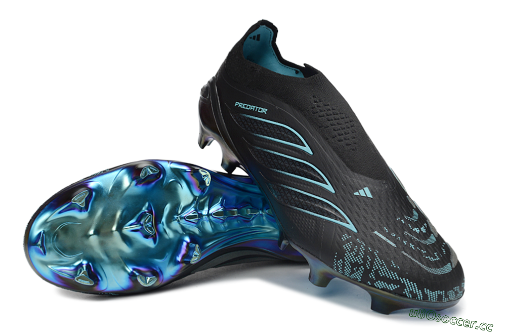 Unisex Adidas Predator 26 Elite Laceless FG Firm Ground Low-Tops Football Boots - Black/Electric Blue/Shimmering Green 3