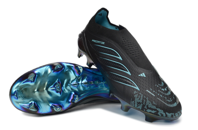 Unisex Adidas Predator 26 Elite Laceless FG Firm Ground Low-Tops Football Boots - Black/Electric Blue/Shimmering Green